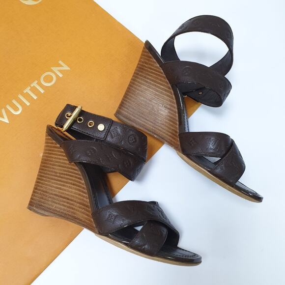 Louis Vuitton Brown Monogram Embossed Leather Kalahari Wedge Sandals Sz.37 - Picture 1 of 10